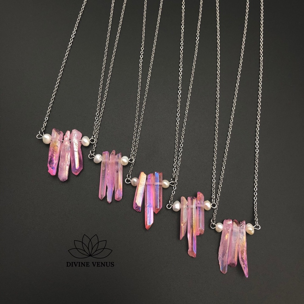 Angel Aura Pink Quartz x Pearls Necklace | Stainless Steel Chain - Picture 10 of 15